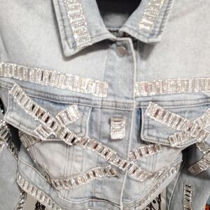 AKIRA Light Wash Denim Jean Jacket with Silver Rhinestone Trim